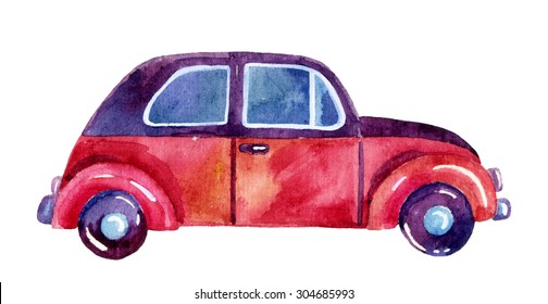 Watercolor car, hand painted illustration.