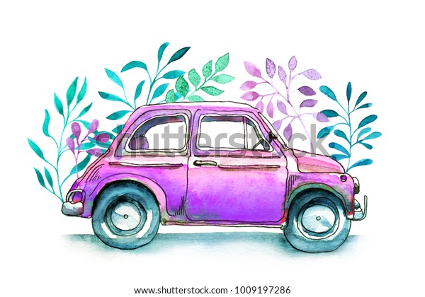 Watercolor car. Vintage funny watercolor sketch of\
old retro cars, tender pastel ultra violet color leaves vignette,\
spring mood