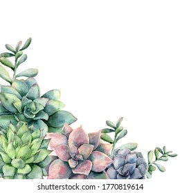 Watercolor card with bouquet of succulents. Hand painted green and violet cacti isolated on white background. Floral illustration for design, fabric, print or background.