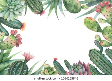 Watercolor card of cacti and succulent plants isolated on white background. Flower illustration for your projects, wedding invitations, greeting cards.
