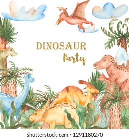 Watercolor card with cute cartoon dinosaurs. Illustration with prehistoric characters, plants, palm trees for baby design, cards, invitations, baby shower. - Powered by Shutterstock