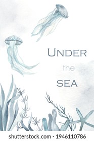 Watercolor Card With Deep Ocean, Seabed, Jellyfish, Algae, Coral, Sea Star, Under The Sea