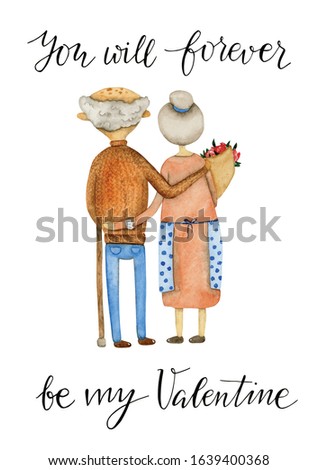 Watercolor card with an elderly couple back view with handwritten lettering 