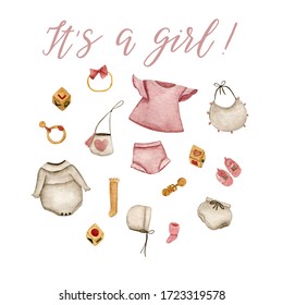 Watercolor card with handwritten lettering "It's is a girl" and cute rustic baby clothes and wooden toys in white and pink colors on a white background. - Powered by Shutterstock