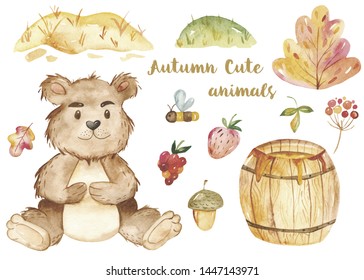 Watercolor card with a honey bottle and a keg of honey for children. Illustration for invitations, cards, greeting cards, prints, autumn design, sites, blogs, quotes, baby shower.