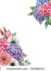 Watercolor card with hydrangea flowers bouquet. Hand painted pink and violet hydrangea, tulip, anemone and ranunculus with eucalyptus leaves isolated on white background for design, print
