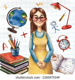 Watercolor Card. Illustration Of Young Teacher. Hand Drawn Cartoon Character. Kind Teacher. Smiling Woman Character. Book Illustration. Illustration For Elementary School. Cute Woman Portrait.