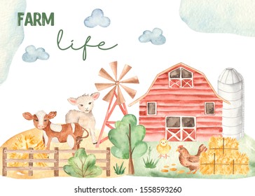 Watercolor card life of a farmer with cute horse, lamb, chicken, barn, hay