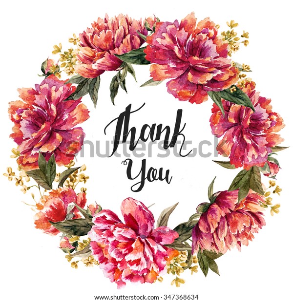 Watercolor Card Peony Flowers Thank You Stock Illustration 347368634 ...