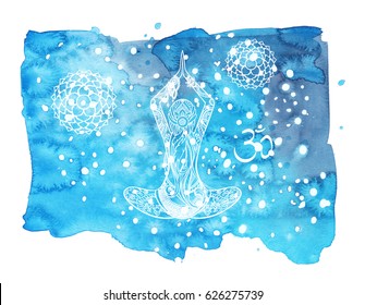 Watercolor Card Template With Yoga Symbols. Hand Drawn Illustration.  Spiritual Background.