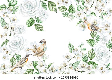 Watercolor Card With White Roses, Leaves And Birds.  Illustration