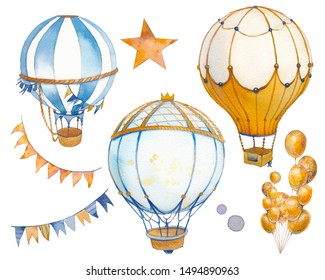 Watercolor Carnival Set. Hand Painted Clip Art With Party Elements Isolated On White Background. Hot Air Balloons, Bunting, Stars.