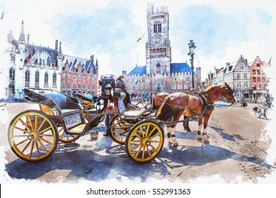 Watercolor Of Carriage In Scenery Historical Town With Tourist People Around Central Of Bruges (Brugge), Belgium,digital Painting Effect.