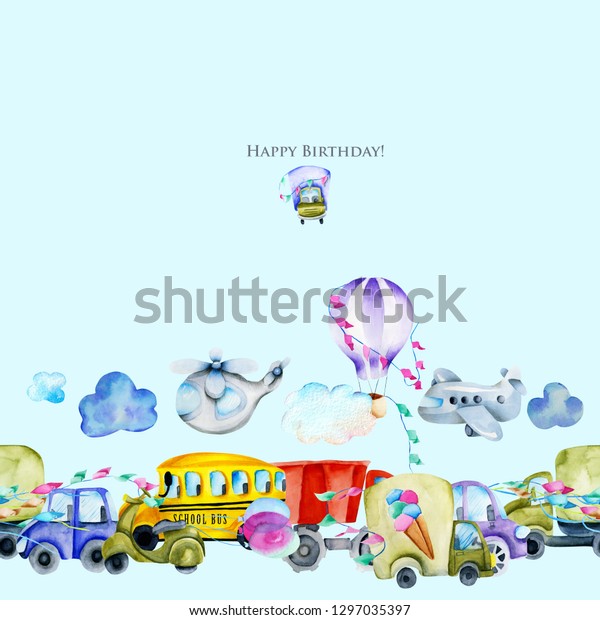 Watercolor cars and air transport border, hand\
painted on a blue\
background