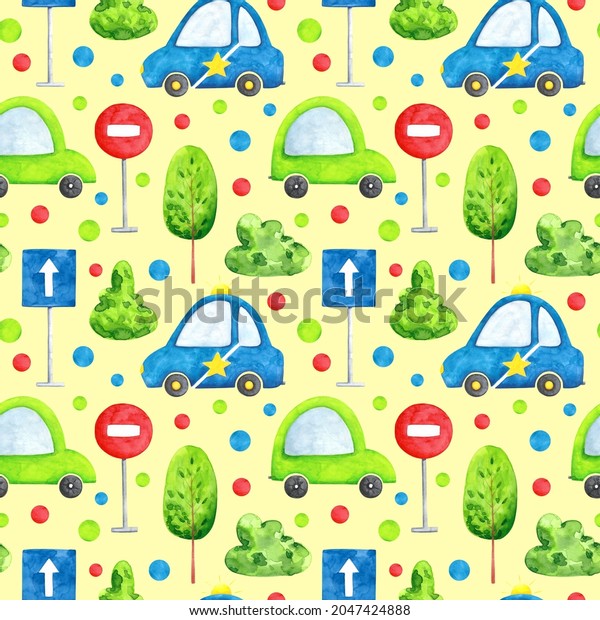 Watercolor cars on ivory background seamless\
pattern. Cartoon transport repeat print. Road traffic ornament for\
nursery, preschool, children, textile, fabric, wallpaper, wrapping\
paper and\
decoration.