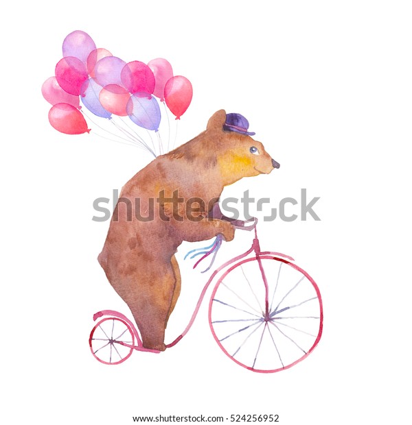 Watercolor Cartoon Bear On Retro Bicycle Stock Illustration 524256952 ...