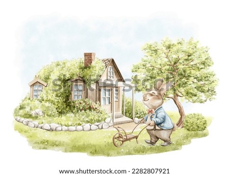 Watercolor cartoon composition with Easter rabbit pushing cart in green garden with tree, bushes on green meadow and village house. Watercolor hand drawn illustration sketch