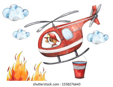 Watercolor Cartoon Cute Composition Firefighting And Fire Safety Equipment Illustration. Fire Helicopter, Dog, Helmet, Hose, Column, Fire Extinguisher. Baby Shower Red Colorful Clip Art