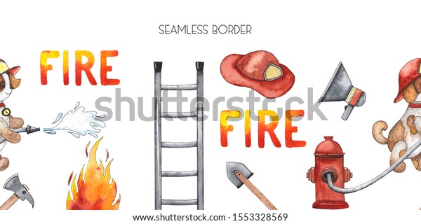 Watercolor cartoon cute seamless border Firefighting\
and fire safety equipment illustration. Fire helicopter, dog,\
helmet, hose, column, fire extinguisher. Baby shower red colorful\
clip art