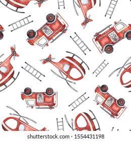 Watercolor Cartoon Cute Seamless Pattern Firefighting And Fire Safety Equipment Illustration. Fire Truck, Helicopter, Dog, Helmet, Hose, Column, Fire Extinguisher. Baby Shower Red Colorful Clip Art