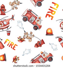 Watercolor Cartoon Cute Seamless Pattern Firefighting And Fire Safety Equipment Illustration. Fire Truck, Helicopter, Dog, Helmet, Hose, Column, Fire Extinguisher. Baby Shower Red Colorful Clip Art