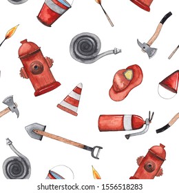 Watercolor Cartoon Cute Seamless Pattern Firefighting And Fire Safety Equipment Illustration. Fire Helmet, Hose, Column, Fire Extinguisher. Baby Shower Red Colorful Clip Art