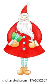 Watercolor cartoon illustration of Santa Claus character with Christmas gifts. Cute fairy tale Santa Claus. Watercolor Happy New Year illustration. For Christmas cards, banners, tags and labels.