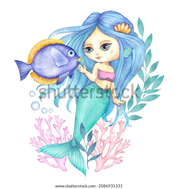 Watercolor Cartoon Mermaid Blue Hair Big Stock Illustration 2086935331 ...