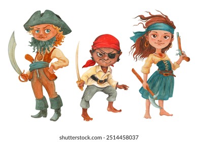 Watercolor cartoon pirate characters. Isolated children dressed in freebooter costumes. Hand drawn clipart for pirates party invitation or poster decoration, wrapping, printing or textile design - Powered by Shutterstock