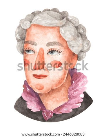 Watercolor cartoon portrait of old lady in vintage blouse. Hand-drawn illustration woman with gray hair