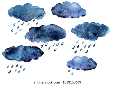 Watercolor Cartoon Rain Clouds Raining Isolated Stock Illustration ...