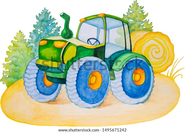 Watercolor\
cartoon tractor machine in yard. Equipment in the village.\
Background for greeting card, invitation.\
