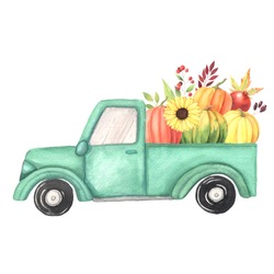 Watercolor Cartoon Turquoise Truck With Harvest - Pumpkin Vegetables. Hand Painted Vintage Retro Car Illustration Perfect For Thanksgiving Card Making, Wedding Invitation And Fall Autumn Postcards