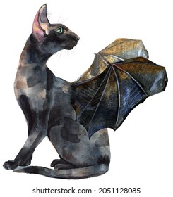 Watercolor cat and bat