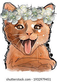 A Watercolor Cat With Flowrs