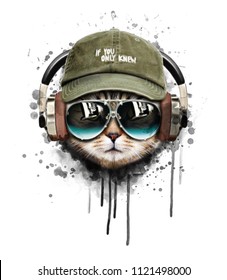 Watercolor cat listening a music illustration.T shirt graphics.Custom print design for all types of surfaces.