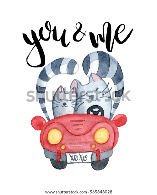 Watercolor cats in just married red car\
with inscription you and me, hand-drawn cartoon illustration for\
greeting cards, invitations, Valentine`s\
cards