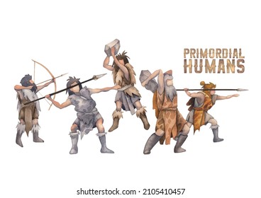 Watercolor Cavemen With Weapons, Hunters And Warriors. Hand Painted Watercolor Illustration Of The Ice Age