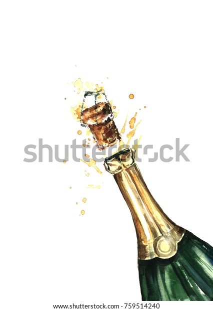 Watercolor Champagne Bottle Stock Illustration 759514240