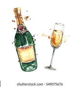 Watercolor Champagne Bottle And Glass.