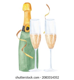 Watercolor Champagne With Glasses, Celebration Illustration