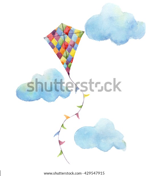 水彩チェッカーボード凧揚げセット 国旗 雲 レトロなデザインの手描きのビンテージ凧 白い背景にイラスト のイラスト素材