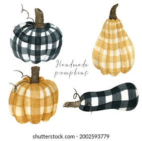 Watercolor Checkered Pumpkin Clipart For Thanksgiving, Fall Harvest Decor Elements
