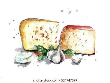 Watercolor Cheese Set With Garlic.