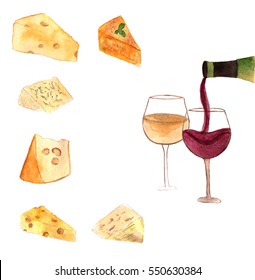 Watercolor Cheese And Wine Set. Bottle, Glasses With Red And White Wine And Different Types Of Cheeses