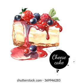 Watercolor Cheesecake Dessert. Isolated Food Illustration On White Background