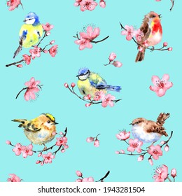 Watercolor Cherry blossom birds Cute Seamless Pattern 