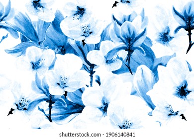 Watercolor Cherry Blossom. Blue and White Seamless Floral Print. Elegant Flowers Pattern. Watercolor Gradient Background. Romantic Spring Decoration. Japanese Pattern. Blue Summer Fabric Nature.