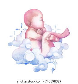 Watercolor Child In The Fetal Position With Closed Eyes Surrounded By Fantasy Clouds And Sparkles. The Miracle Of Birth. Cute Baby In Pastel Colors