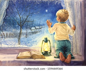 Watercolor Child On His Knees Looking Out The Window On The Star  In The Winter At Christmas